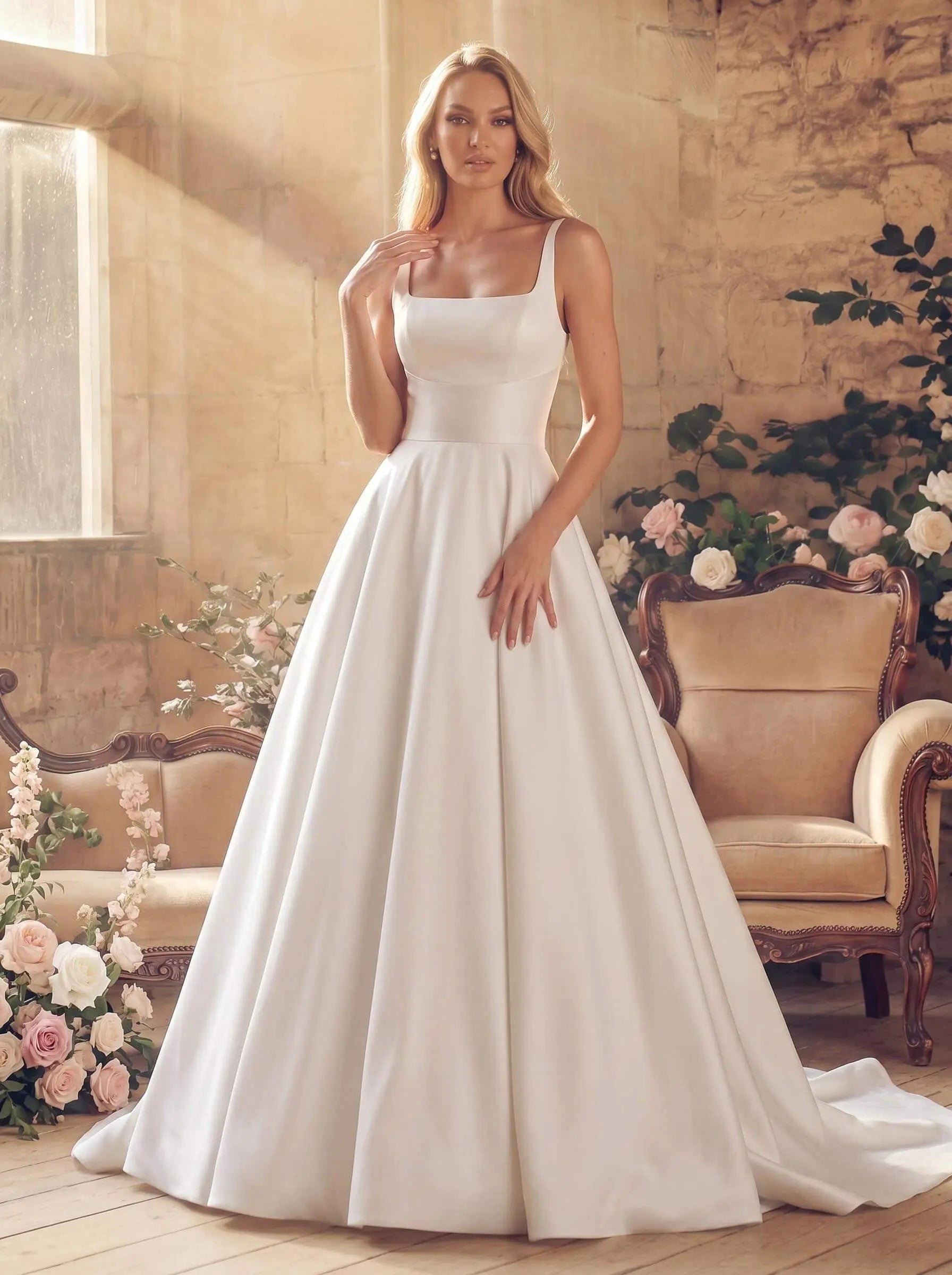 A Line Square Neckline Sleeveless Court Train Satin Wedding Dresses With Pockets Swd13273
