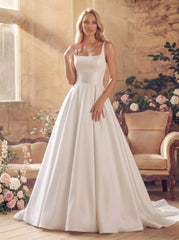 A Line Square Neckline Sleeveless Court Train Satin Wedding Dresses With Pockets Swd13273