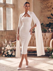 Sheath Column Sweetheart Long Sleeves Tea Length Elastic Satin Bride Wedding Dress Swd13237