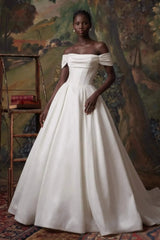 Ball Gown Sweetheart Detachable Sleeves Chapel Train Twill Satin With Pockets Bride Wedding Dress Swd13147