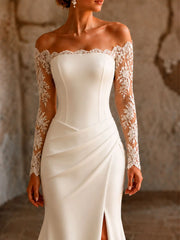 Trumpet Mermaid Off The Shoulder Long Sleeves Court Train Elastic Satin Wedding Dresses With Lace High Split Swd13454