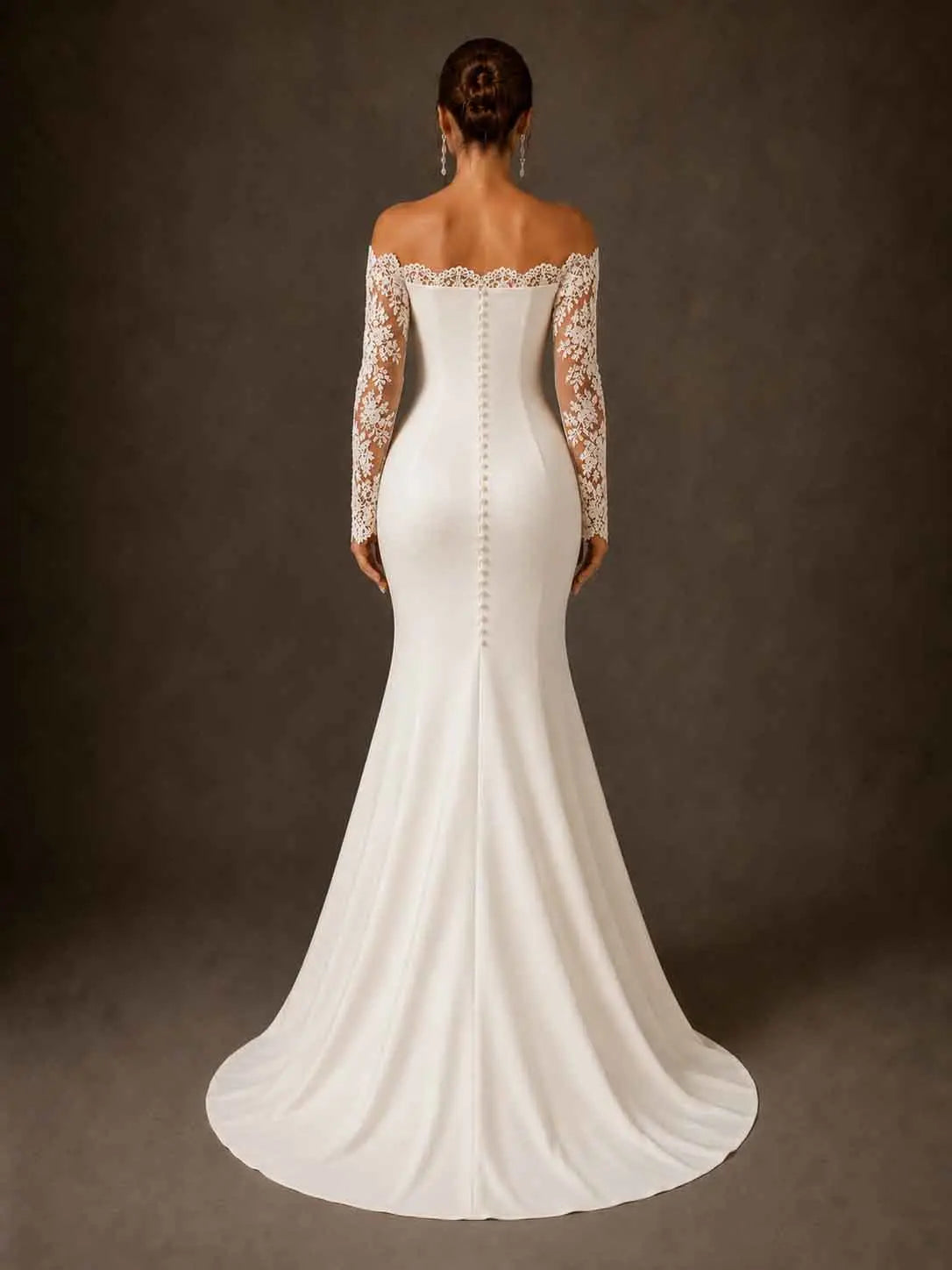 Trumpet Mermaid Off The Shoulder Long Sleeves Court Train Elastic Satin Wedding Dresses With Lace High Split Swd13454