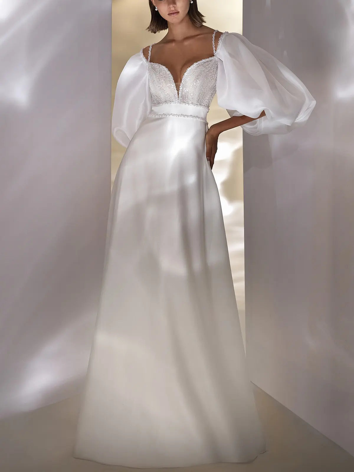 A Line Plunge Neck Detachable Sleeves Court Train Matte Satin Wedding Dresses With Sequins Swd13455