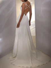 A Line Plunge Neck Detachable Sleeves Court Train Matte Satin Wedding Dresses With Sequins Swd13455