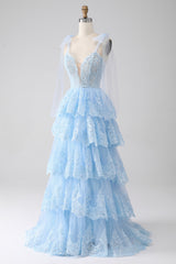 Blue Ruffled Tiered Lace A-Line Long Prom Dress