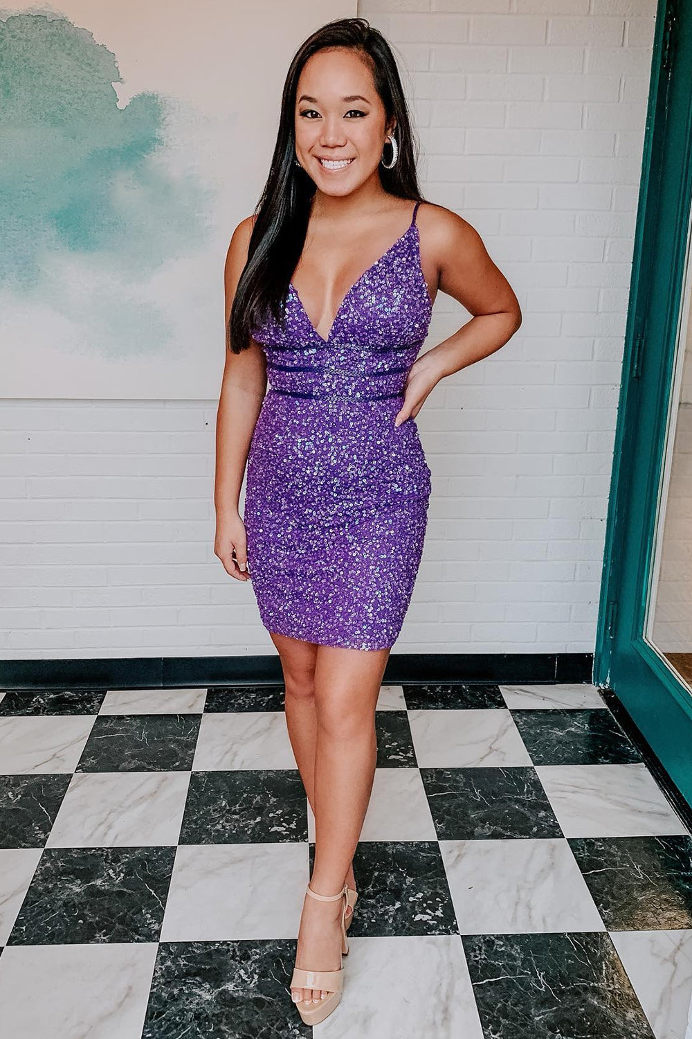 Purple Sequins Backless Tight Short Homecoming Dress