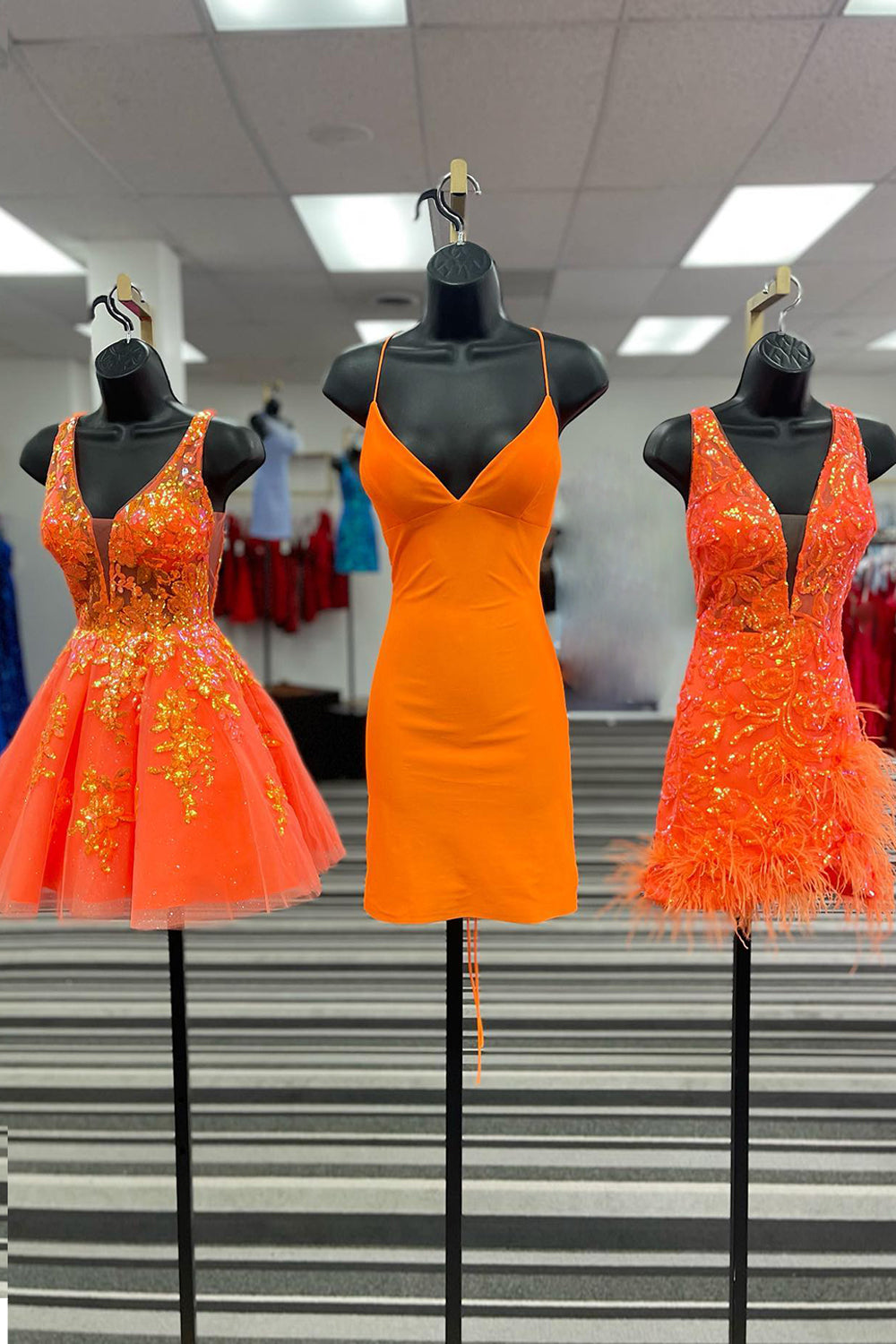 Sparkly Orange A-Line Spaghetti Straps Short Homecoming Dress with Sequins