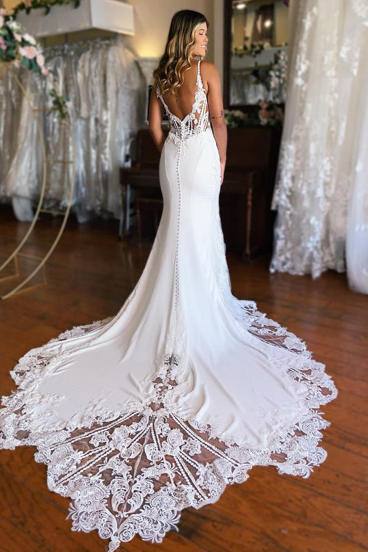 Bohemian White Mermaid Spaghetti Straps Wedding Dress with Lace Embellishments