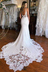 Bohemian White Mermaid Spaghetti Straps Wedding Dress with Lace Embellishments