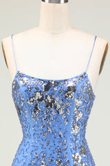 Sparkly Blue Beaded Sequins Backless Tight Homecoming Dress