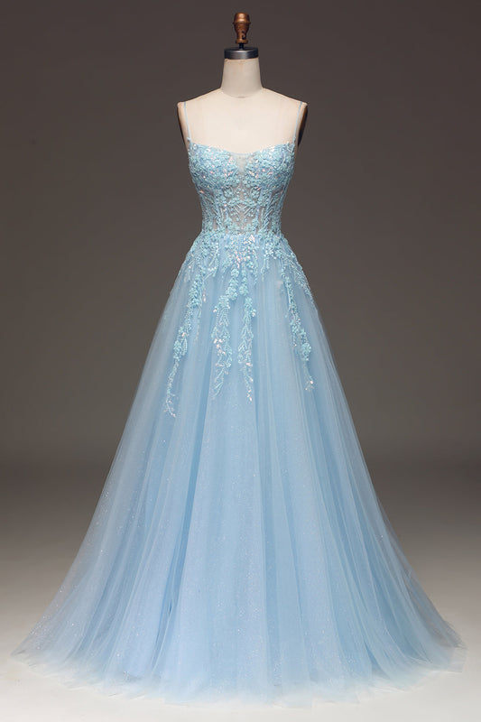 A Line Light Blue Long Prom Dress With Appliques