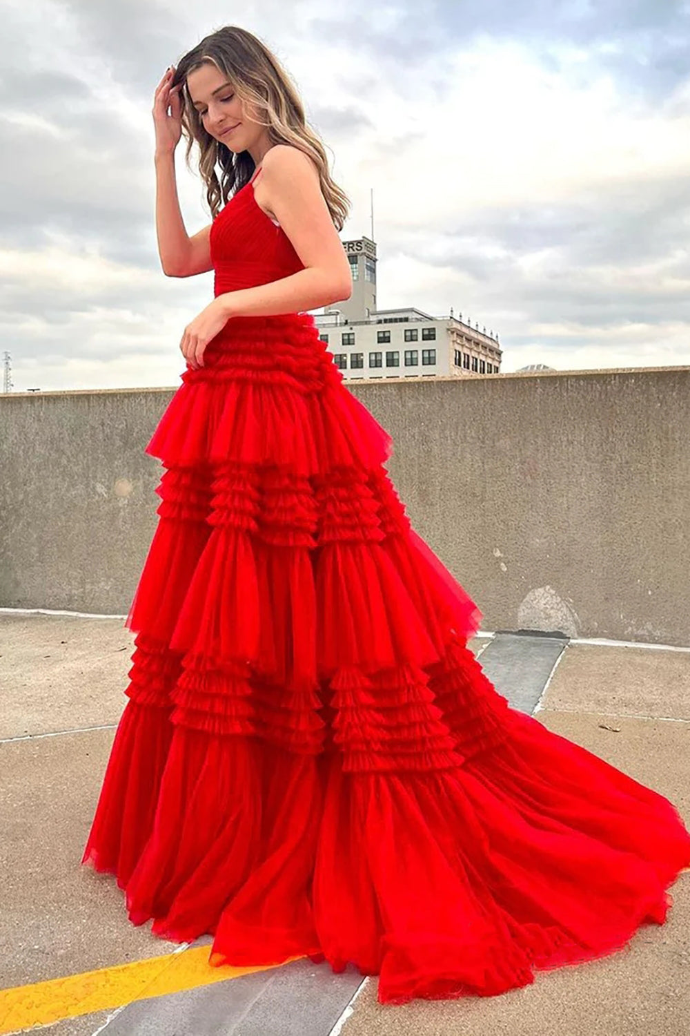 Fuchsia Tulle Spaghetti Straps Long Prom Dress