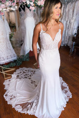 Bohemian White Mermaid Spaghetti Straps Wedding Dress with Lace Embellishments