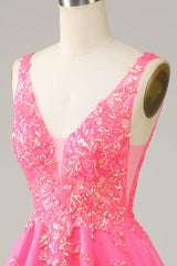 Fuchsia Sequined V Neck Backless Short Homecoming Dress