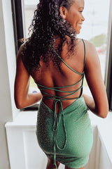 Sparkly Green Beaded Lace-Up Back Tight Short Homecoming Dress