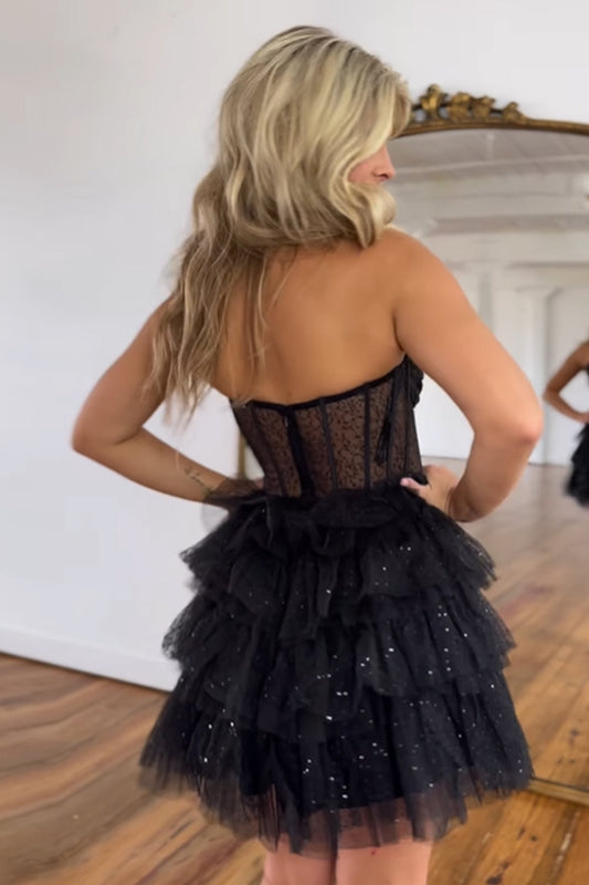 Glitter Black Corset Tiered A-Line Tulle Short Homecoming Dress