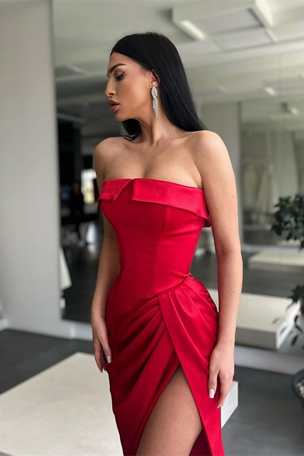 Red Strapless Mermaid Evening Dress Charmeuse with Split