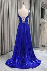 Glitter Royal Blue A Line Long Mirror Prom Dress With Slit