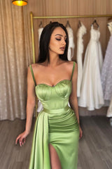 Sage Spaghetti-Strap Sweetheart Mermaid Evening Dress with Split