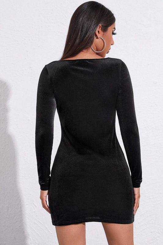 Long Sleeves Velvet Little Black Dress with Slit