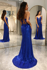 Glitter Royal Blue Mermaid Long Prom Dress With Slit