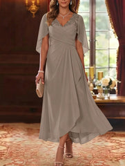 A-Line/Princess V-Neck Chiffon Mother of the Bride Dresses Cape Sleeves Ruched Lace Asymmetrical Tea-Length