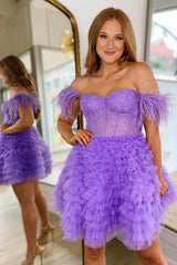 Sparkly Purple Corset A-Line Short Homecoming Dress with Feathers