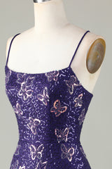 Sparkly Purple Butterflies Tight Beaded Sequins Short Homecoming Dress