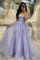 Lilac A Line Tulle Long Corset Appliqued Prom Dress