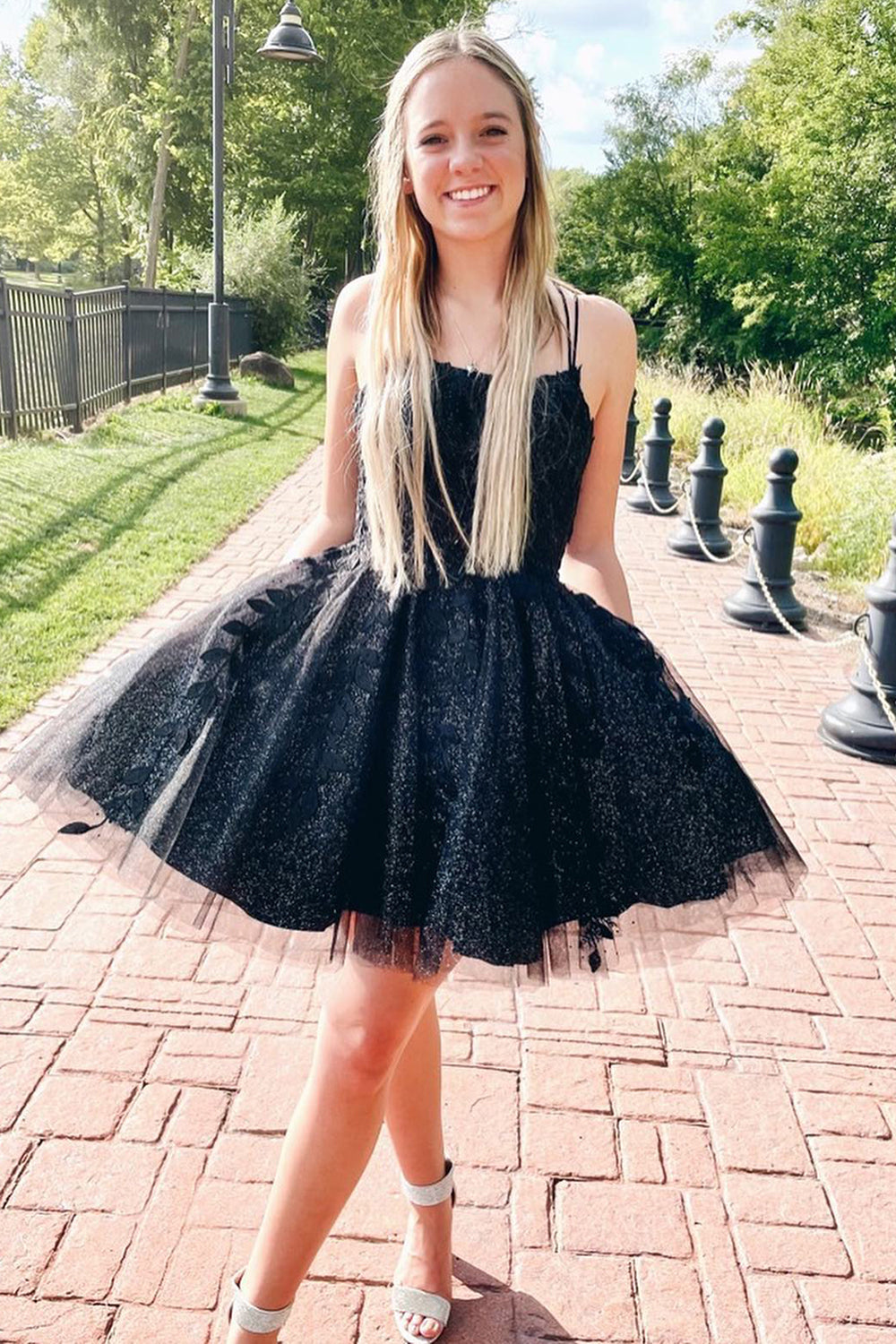 Glitter Black A-Line Tulle Short Homecoming Dress with Lace