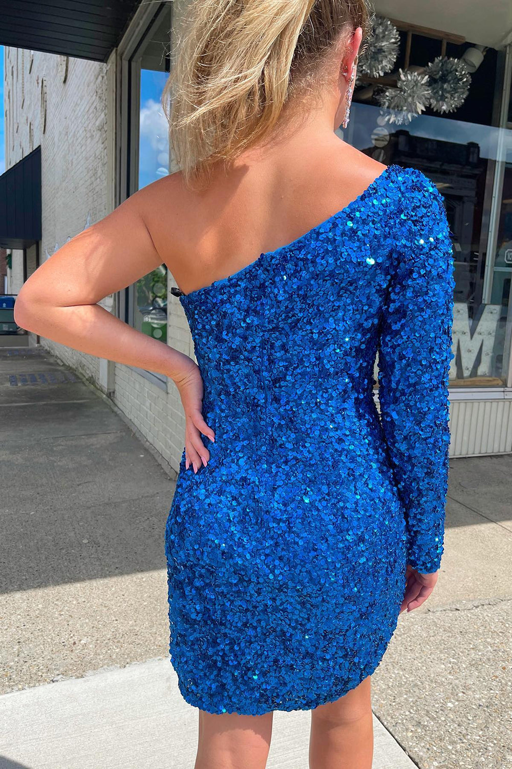 One Shoulder Glitter Sequins Homecoming Dress