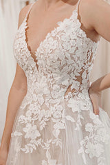 Glittering Ivory A-Line Spaghetti Straps Long Wedding Dress with Appliques