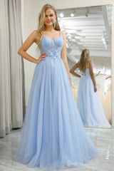 Light Blue A Line Tulle Long Corset Prom Dress