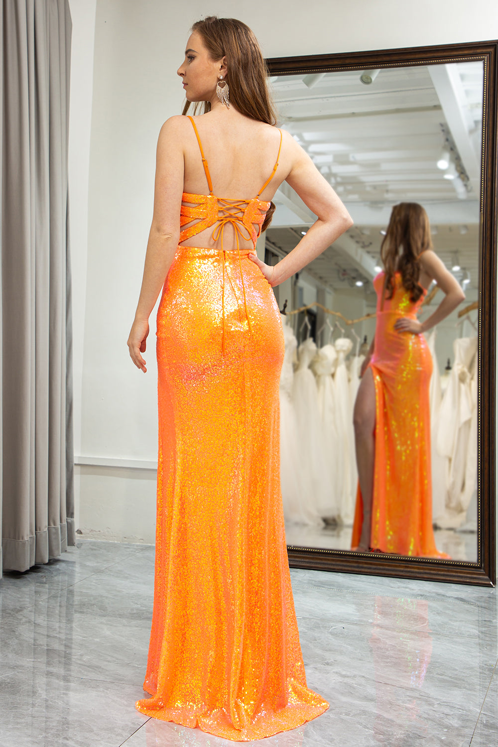 Glitter Orange Mermaid Long Prom Dress With Slit