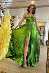 Glitter Green A Line Backless Long Prom Dress With Slit