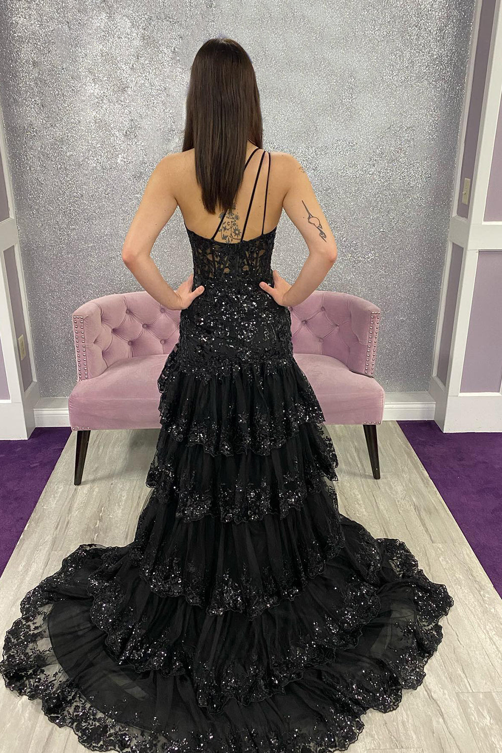 Sparkly Black One Shoulder Tiered Lace Long Prom Dress with Slit