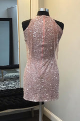 Sparkly Champagne Sequin Round Neck Tight Short Homecoming Dress with Fringes