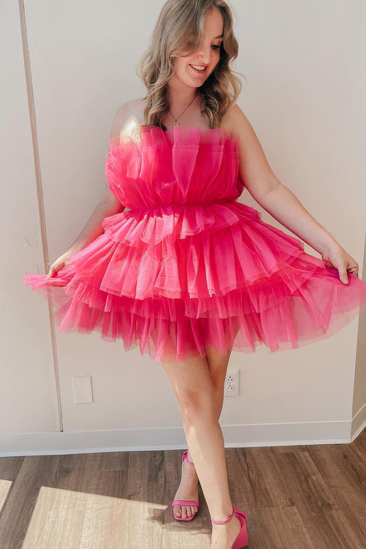 Pink Strapless A-Line Tiered Tulle Short Homecoming Dress