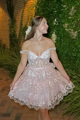 Pink A-Line Off the Shoulder Tiered Short Homecoming Dress