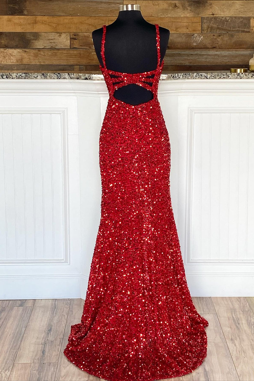 Sheath Spaghetti Straps Red Sequins Prom Dress with Split Front