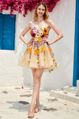 Champagne Strapless Homecoming Dress with 3D Flowers