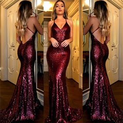 Sequin Backless Burgundy Evening Dress