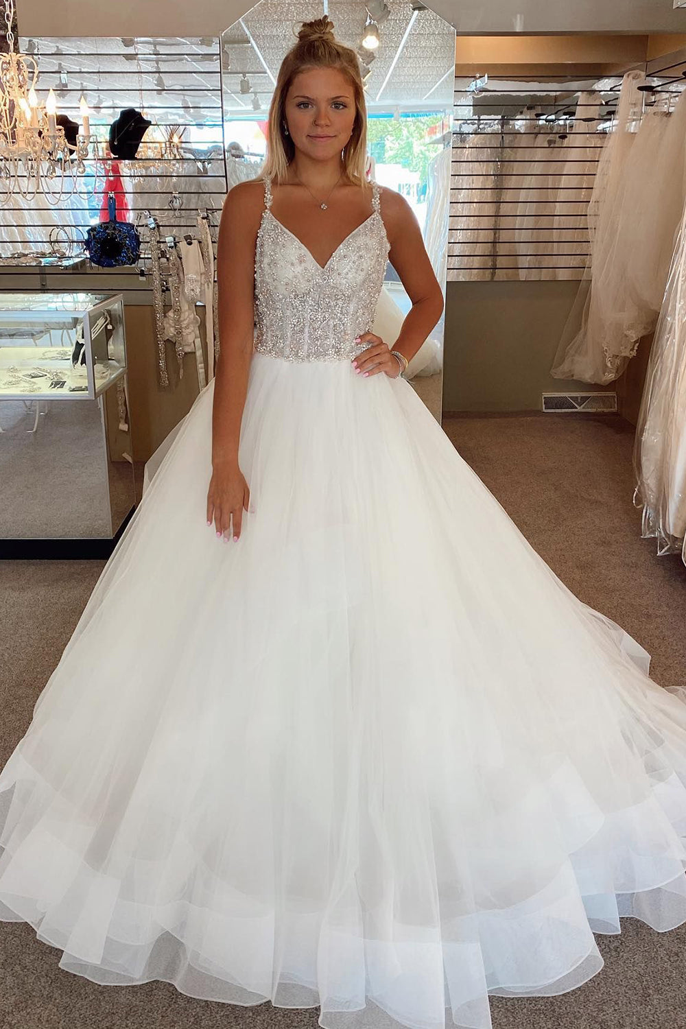 Elegant A-Line Tulle Corset Long Wedding Dress with Beaded Details