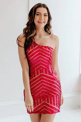 Fuchsia One Shoulder Sequins Tight Short Homecoming Dress