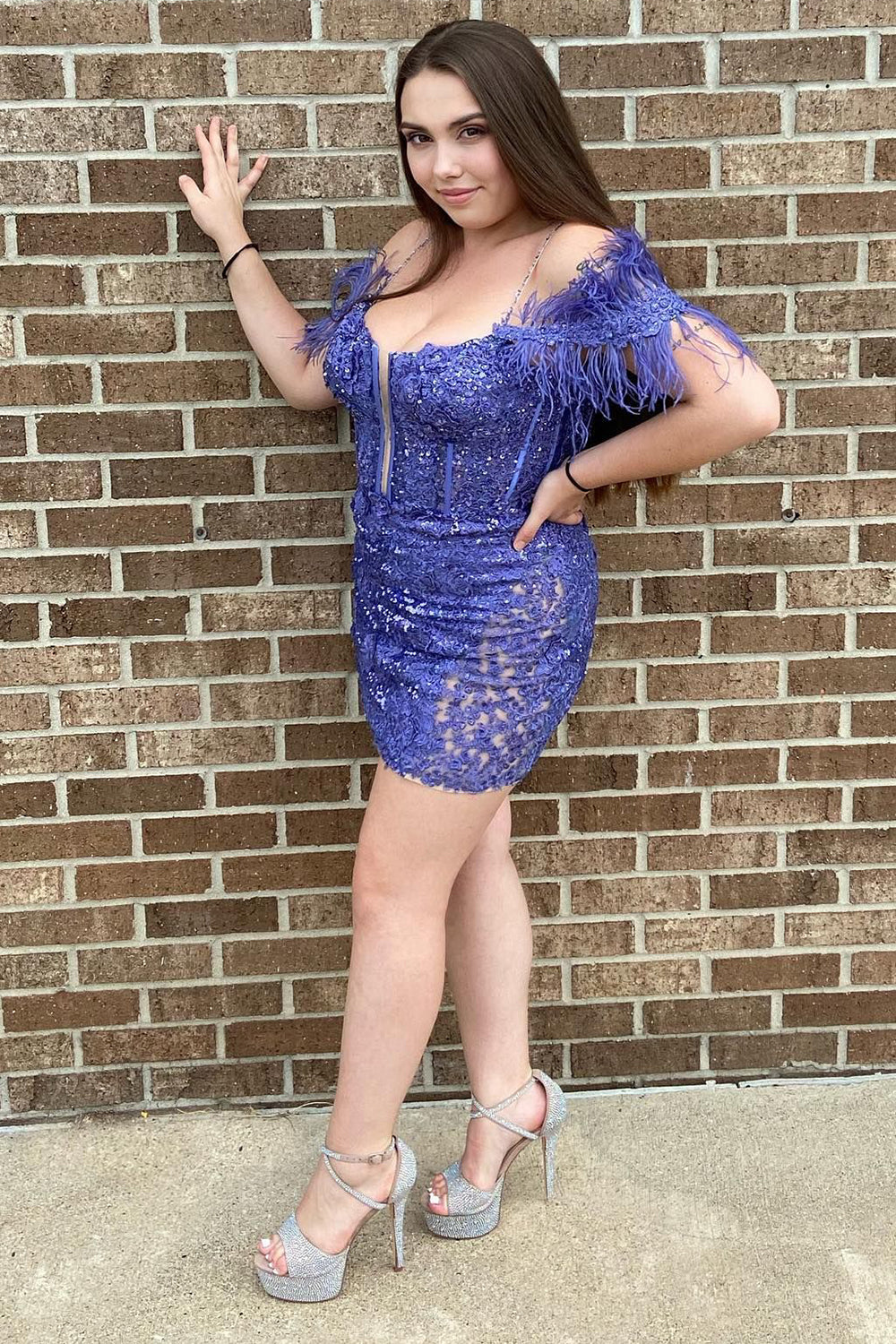 Sparkly Purple Lace Tight Short Homecoming Dress with Feathers