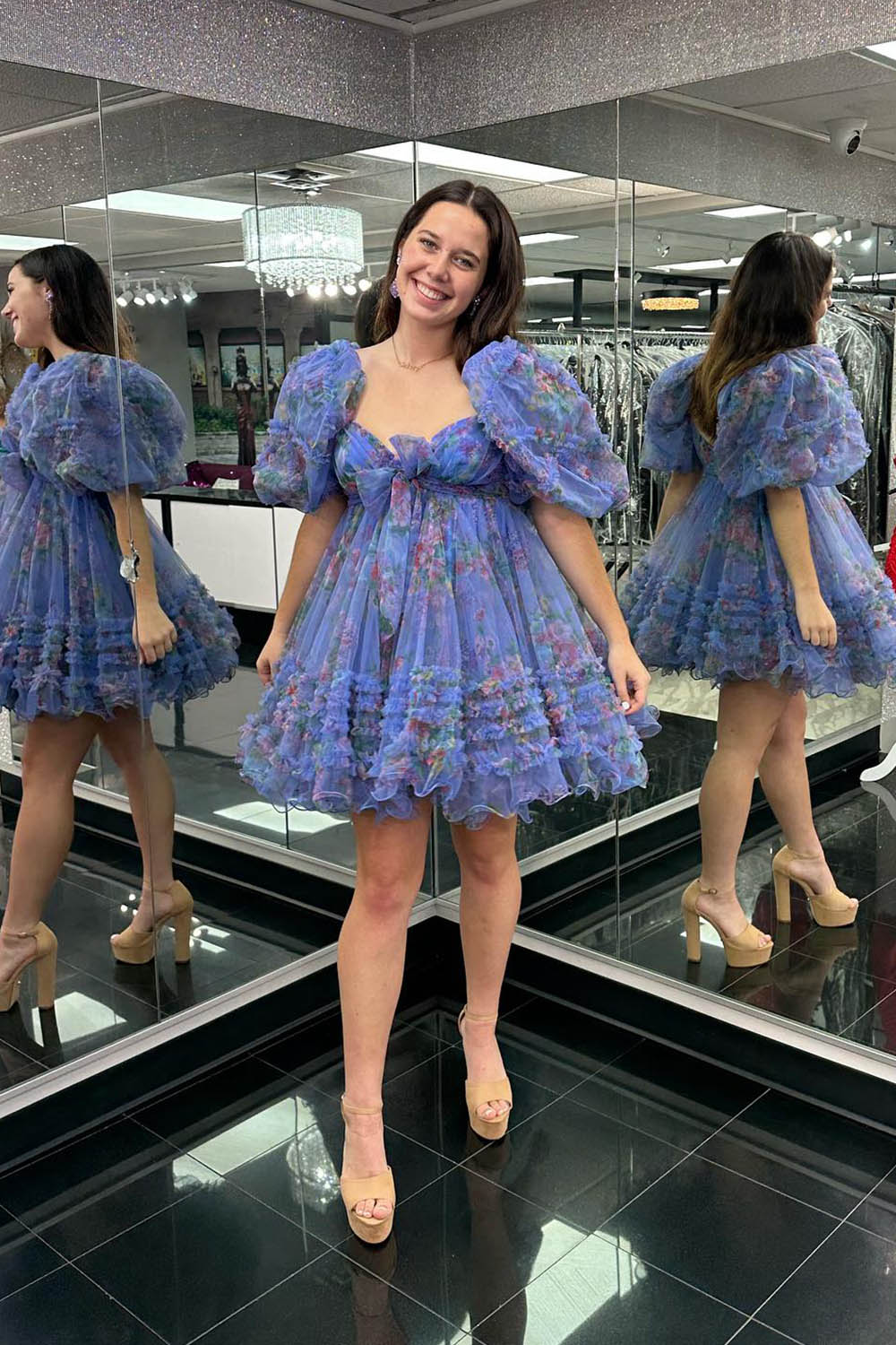 Dark Blue Puff Sleeves A-Line Floral Short Homecoming Dress with Ruffles