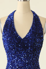 Royal Blue Sequined Halter Neck Cocktail Dress