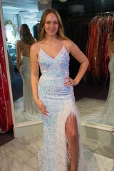 Glitter White Sequins Long Mermaid Prom Dress with Feathers