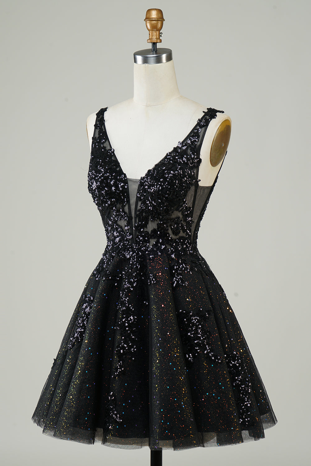 Sparkly Black A-Line Spaghetti Straps Short Homecoming Dress with Sequins