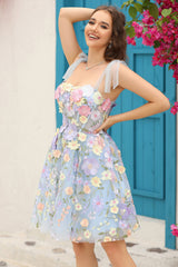 Blue Corset A-Line Short Homecoming Dress with 3D Flowers